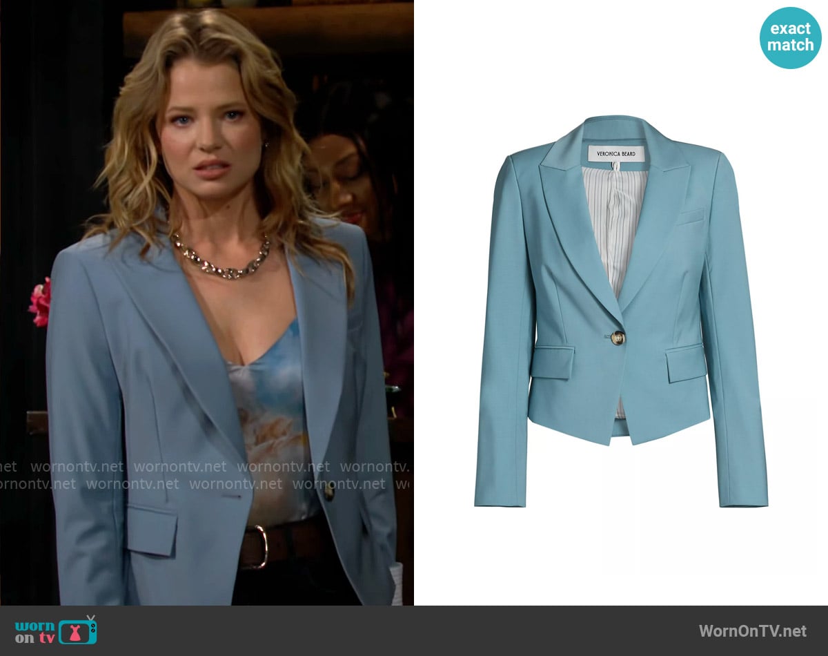 Veronica Beard Hosanna Blazer in Sea Glass worn by Summer Newman (Allison Lanier) on The Young and the Restless