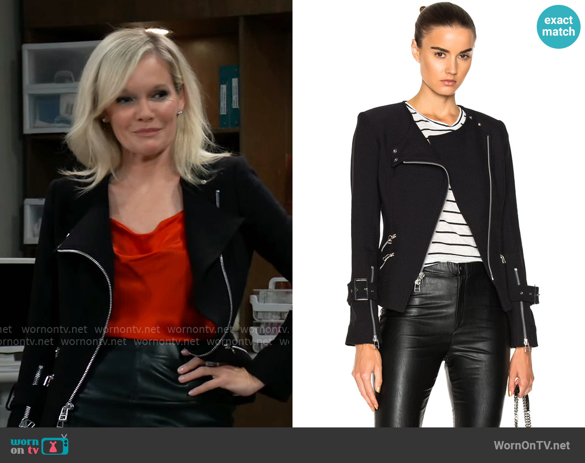 Veronica Beard Jordan Collarless Moto Jacket worn by Ava Jerome (Maura West) on General Hospital