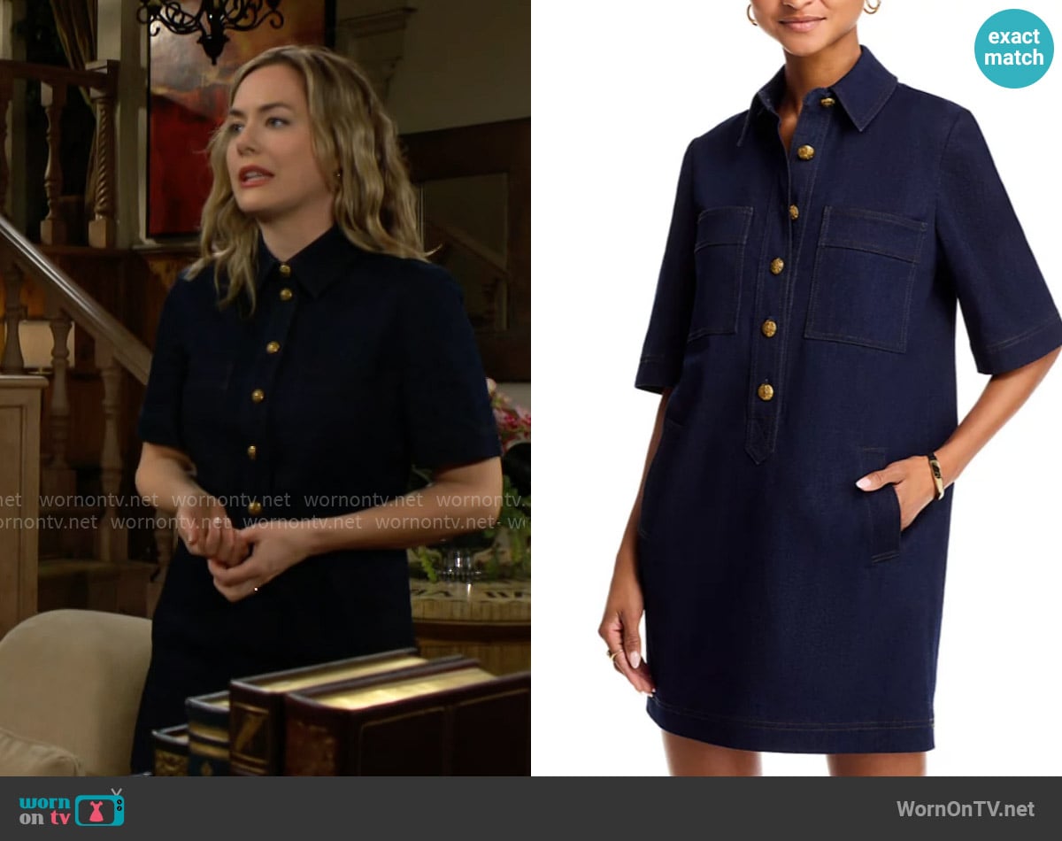 Veronica Beard Koulis Denim Dress worn by Hope Logan (Annika Noelle) on The Bold and the Beautiful