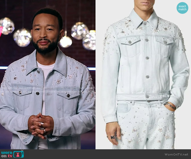 Versace Pearly Embellished Denim Jacket in Light Blue Ice worn by John Legend on The Voice