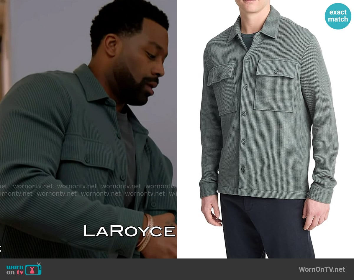 Vince Chunky Waffle Cotton-Blend Shirt Jacket in Petrol Green worn by Kevin Atwater (LaRoyce Hawkins) on Chicago PD