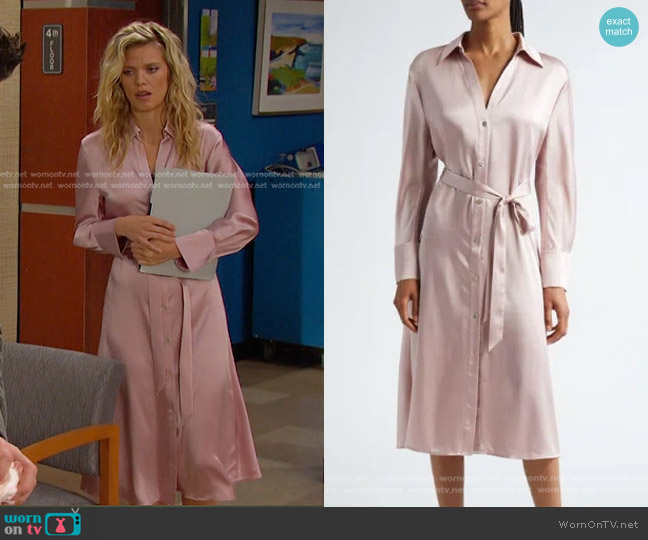 Vince Nouveau Magnolia Satin Shirtdress In Rose Pearl worn by Catherina Greene (AnnaLynne McCord) on Days of our Lives