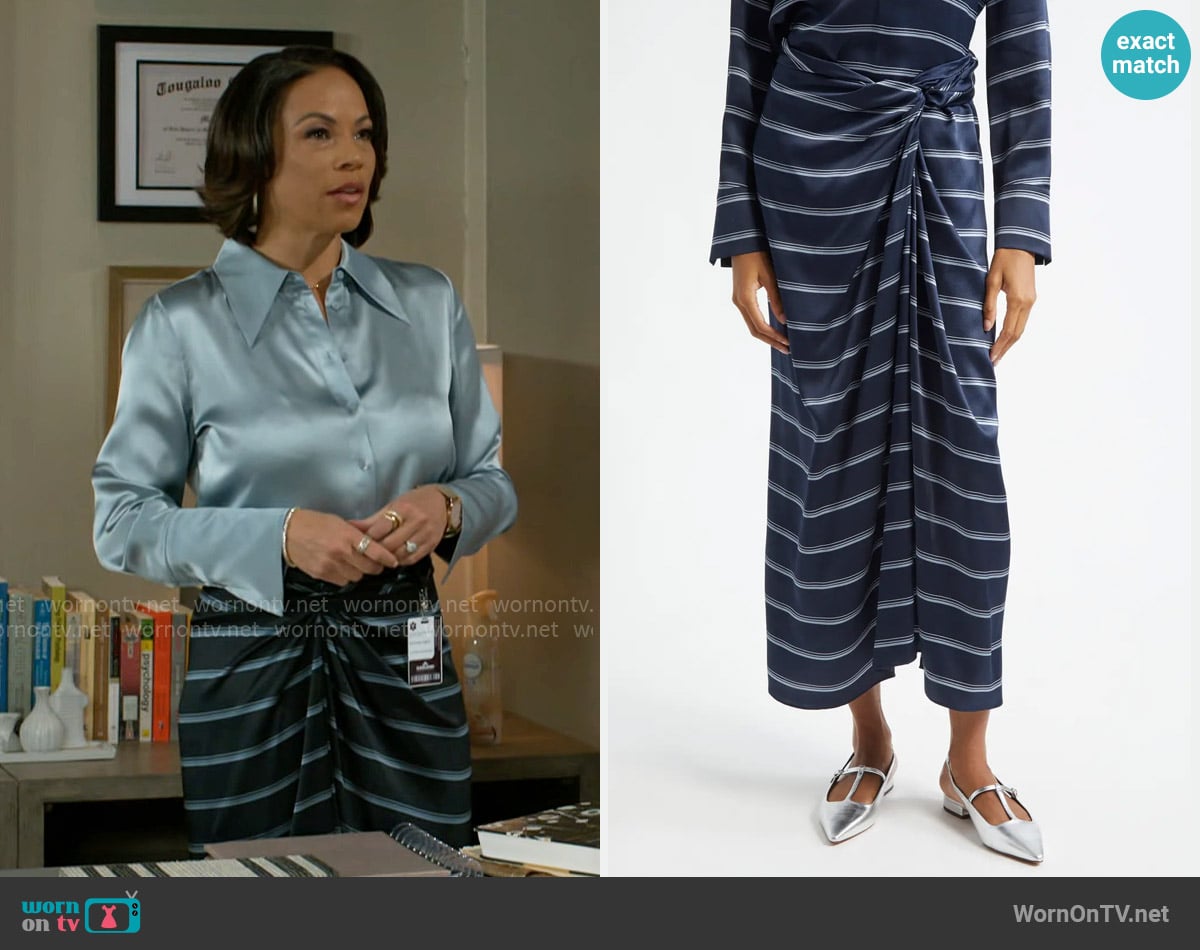 Vince Rugby Stripe Gathered Satin Skirt worn by Nicole Dupree Richardson (Daphnee Duplaix) on Beyond the Gates