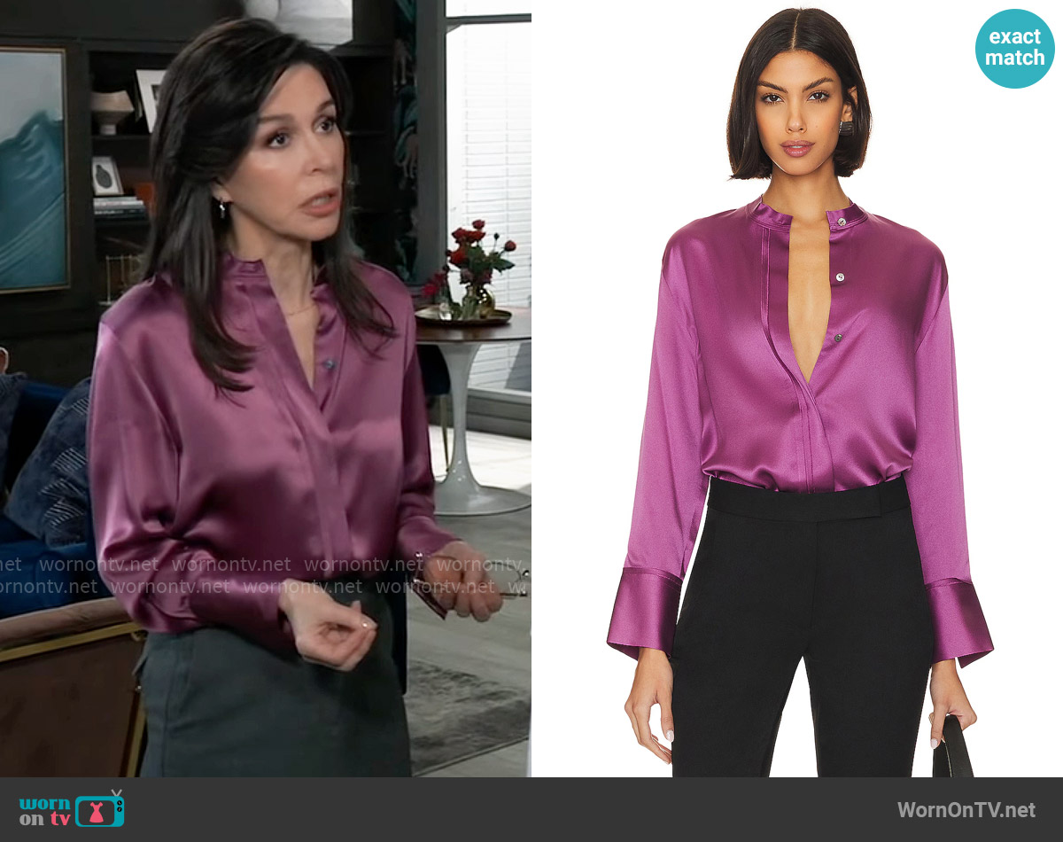 Vince Undone Edge Band Collar Blouse in Dew Berry worn by Anna Devane (Finola Hughes) on General Hospital