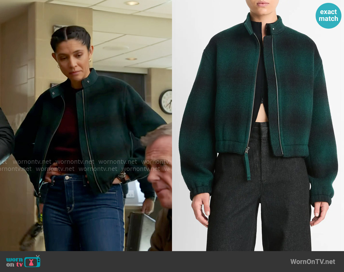 Vince Shadow Plaid Bomber Jacket in Juniper worn by Stella Kidd (Miranda Rae Mayo) on Chicago Fire