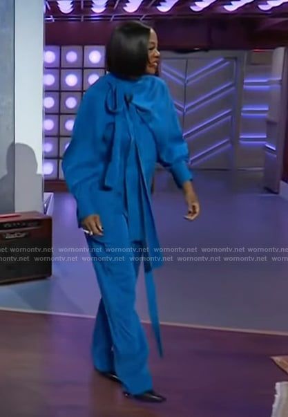 Viola Davis’s blue drape top and pants on The Kelly Clarkson Show