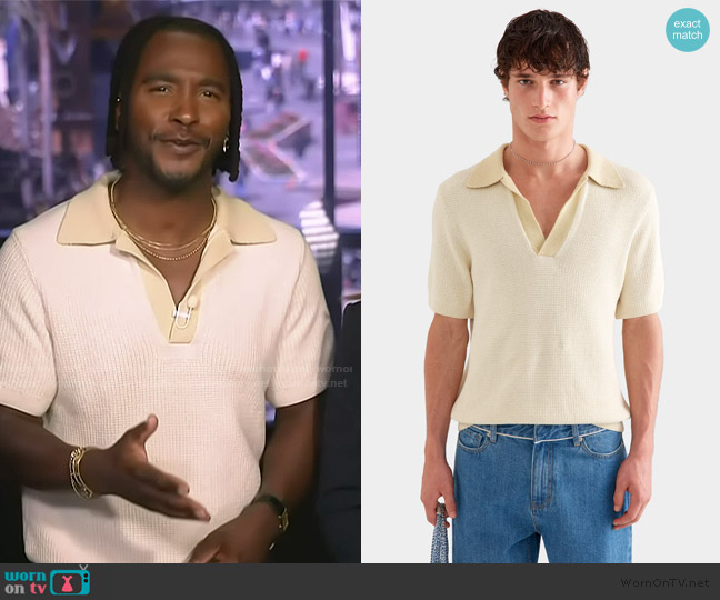 Venroy Relaxed Cotton Knit Open Neck Polo worn by Scott Evans on Access Hollywood