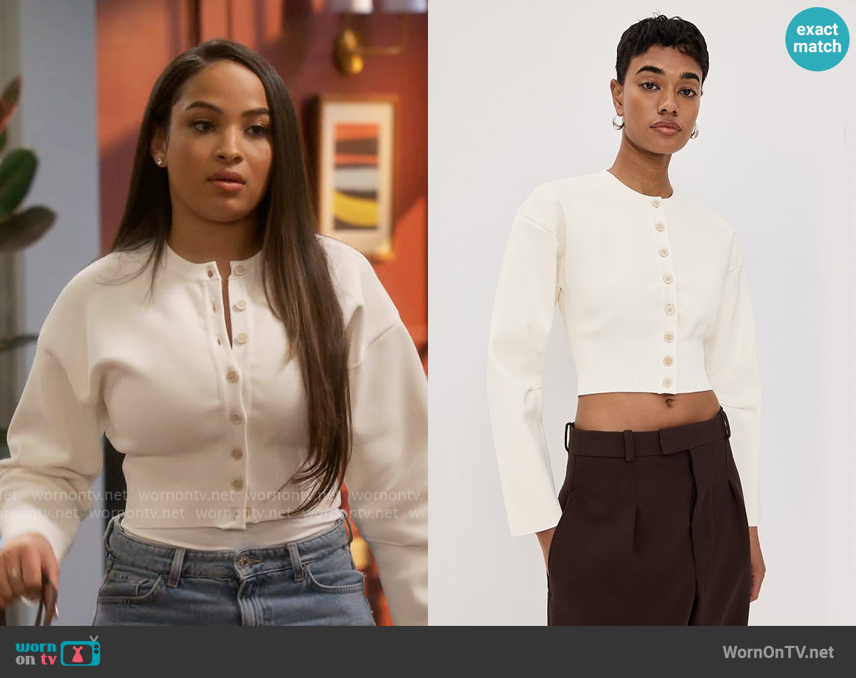 Wardrobe NYC Matte Cardigan worn by Natalie (Amara Wayans) on Poppas House