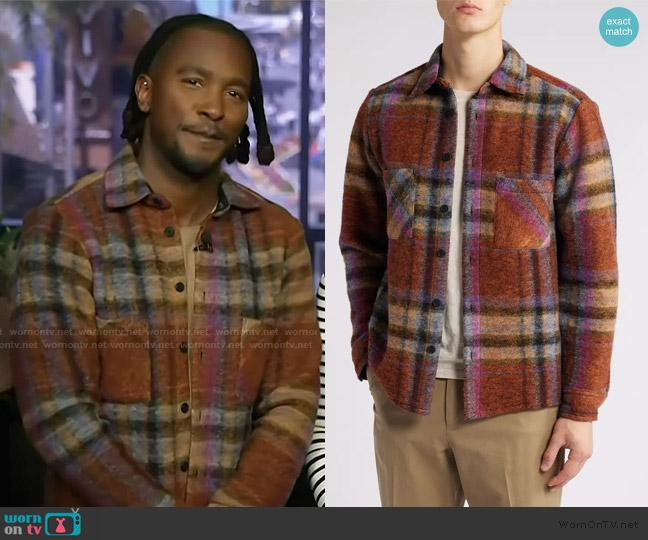 Wax London Whiting Plaid Cotton Blend Flannel Button-Up Overshirt worn by Scott Evans on Access Hollywood