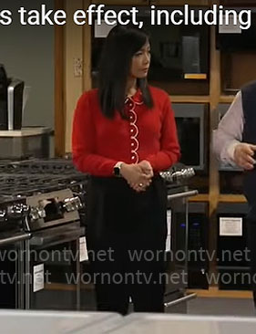 Weijia Jiang’s red scalloped cardigan on CBS Mornings