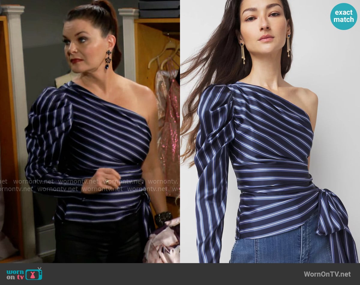 White House Black Market One-Shoulder Satin Blouse worn by Katie Logan (Heather Tom) on The Bold and the Beautiful
