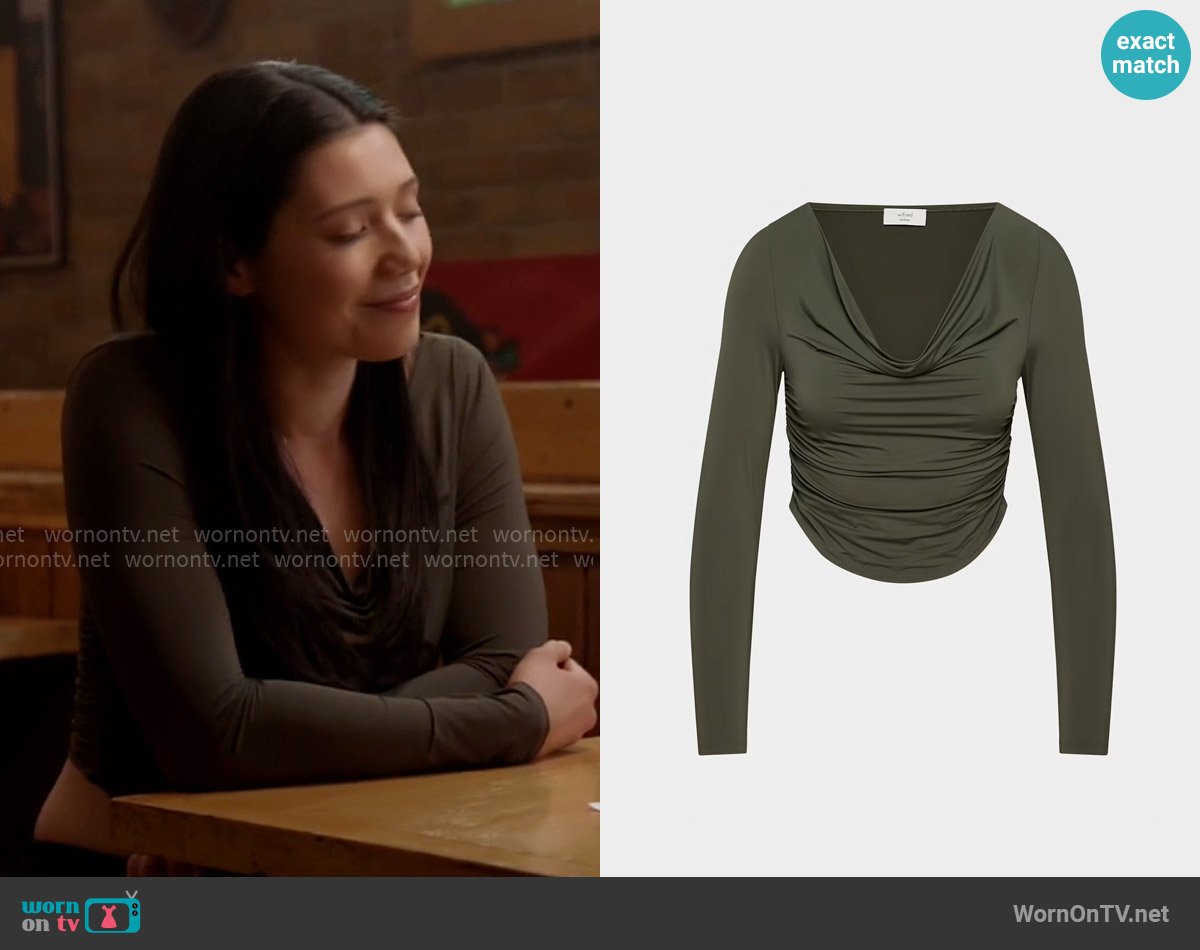 Wilfred Parfait Longsleeve in Dark Olive worn by Violet Mikami (Hanako Greensmith) on Chicago Fire