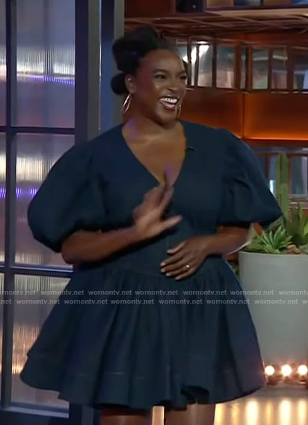 Wunmi Mosaku’s denim flare dress on The Kelly Clarkson Show