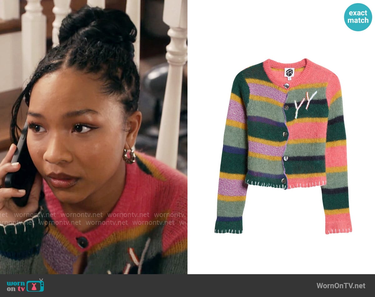 YanYan Stripe Alpaca Blend Cardigan in Jade/Lilac/Pink worn by Delilah (Laya DeLeon Hayes) on The Equalizer