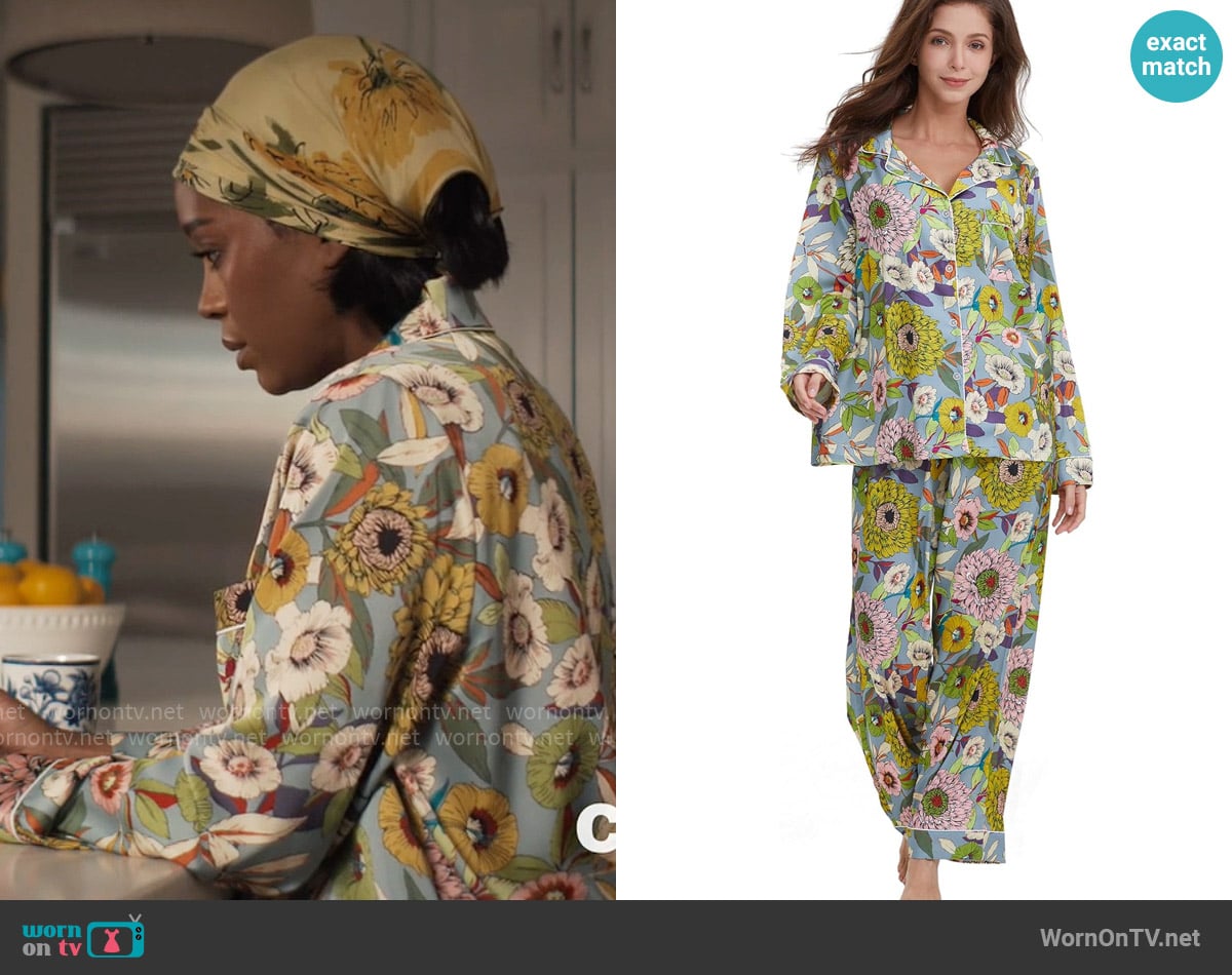 YiNi LuLu Silk Satin Pajamas Set in Yellow Chrysanthemum worn by Catherine (Aja Naomi King) on Grosse Pointe Garden Society