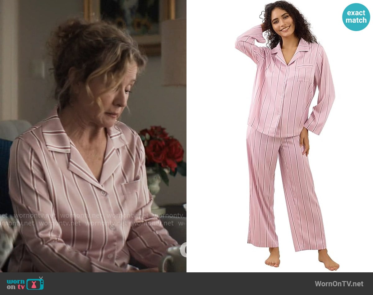 YiNi LuLu Silk Satin Pajamas Set in Pink Stripe worn by Patty (Nancy Travis) on Grosse Pointe Garden Society