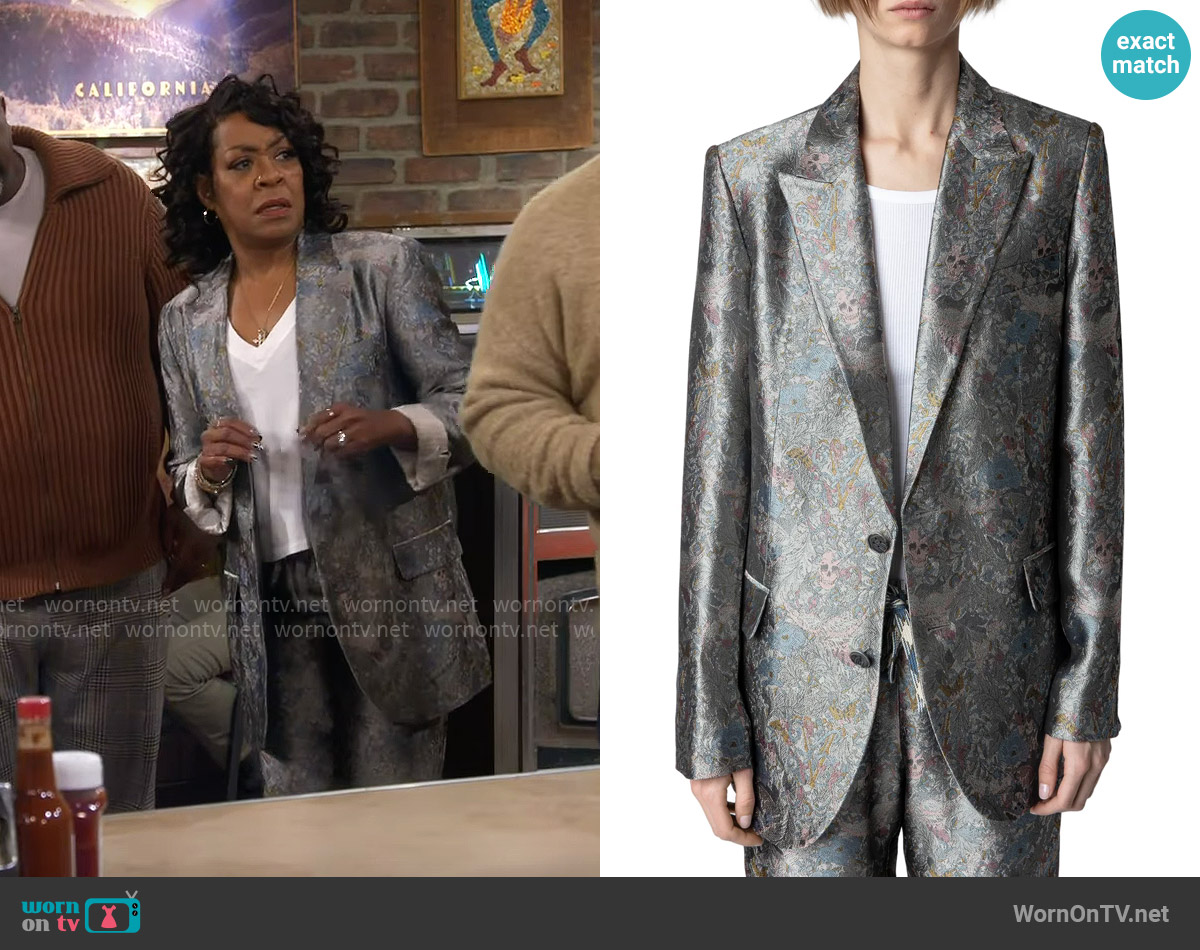 WornOnTV: Tina's silver floral jacquard suit on The Neighborhood