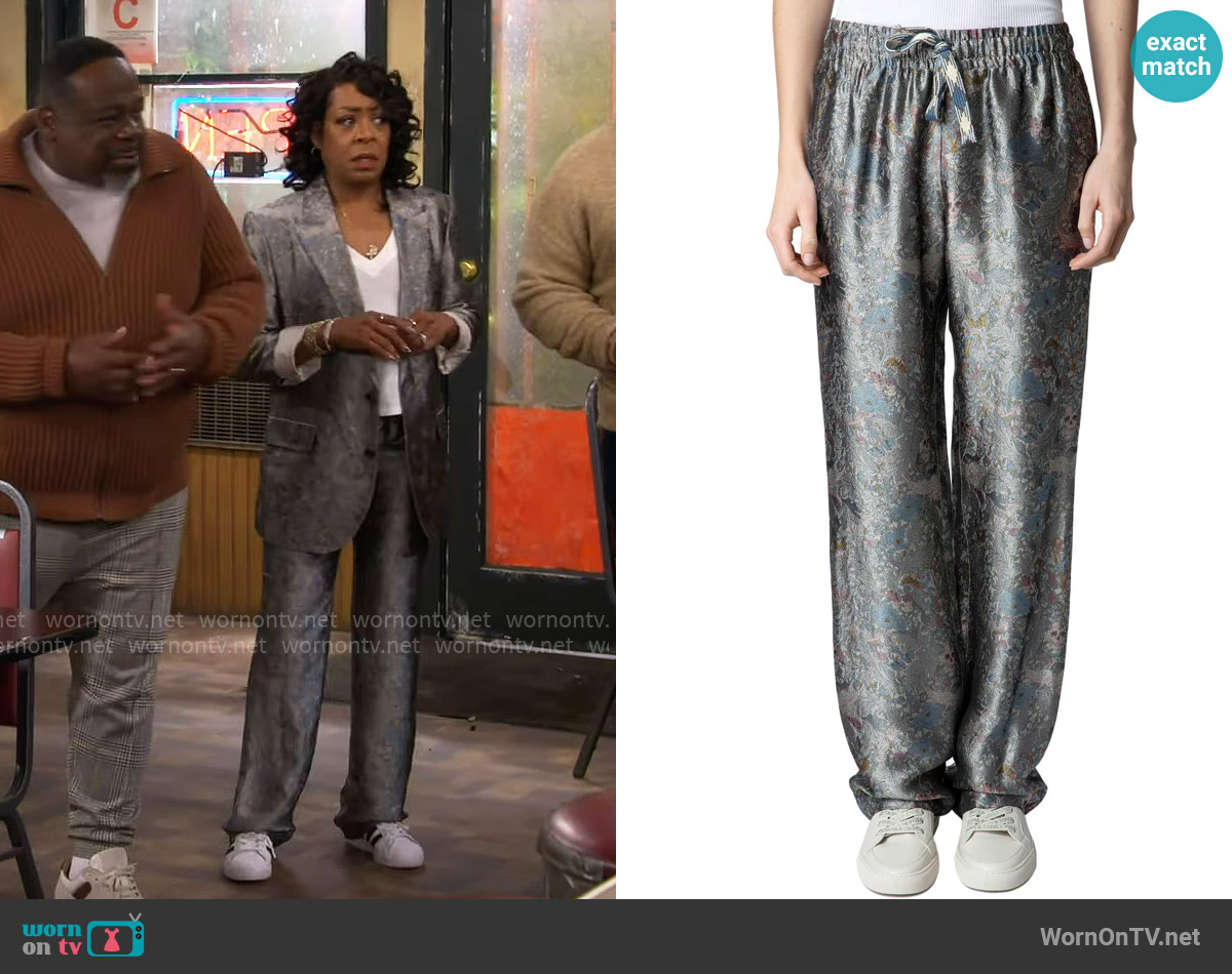 Zadig & Voltaire Pomy British Flowers Jacquard Drawstring Pants worn by Tina Butler (Tichina Arnold) on The Neighborhood
