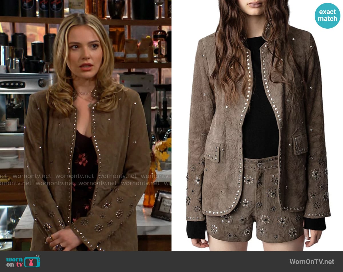 Zadig and Voltaire Very Studded Suede Blazer worn by Tessa Porter (Cait Fairbanks) on The Young and the Restless