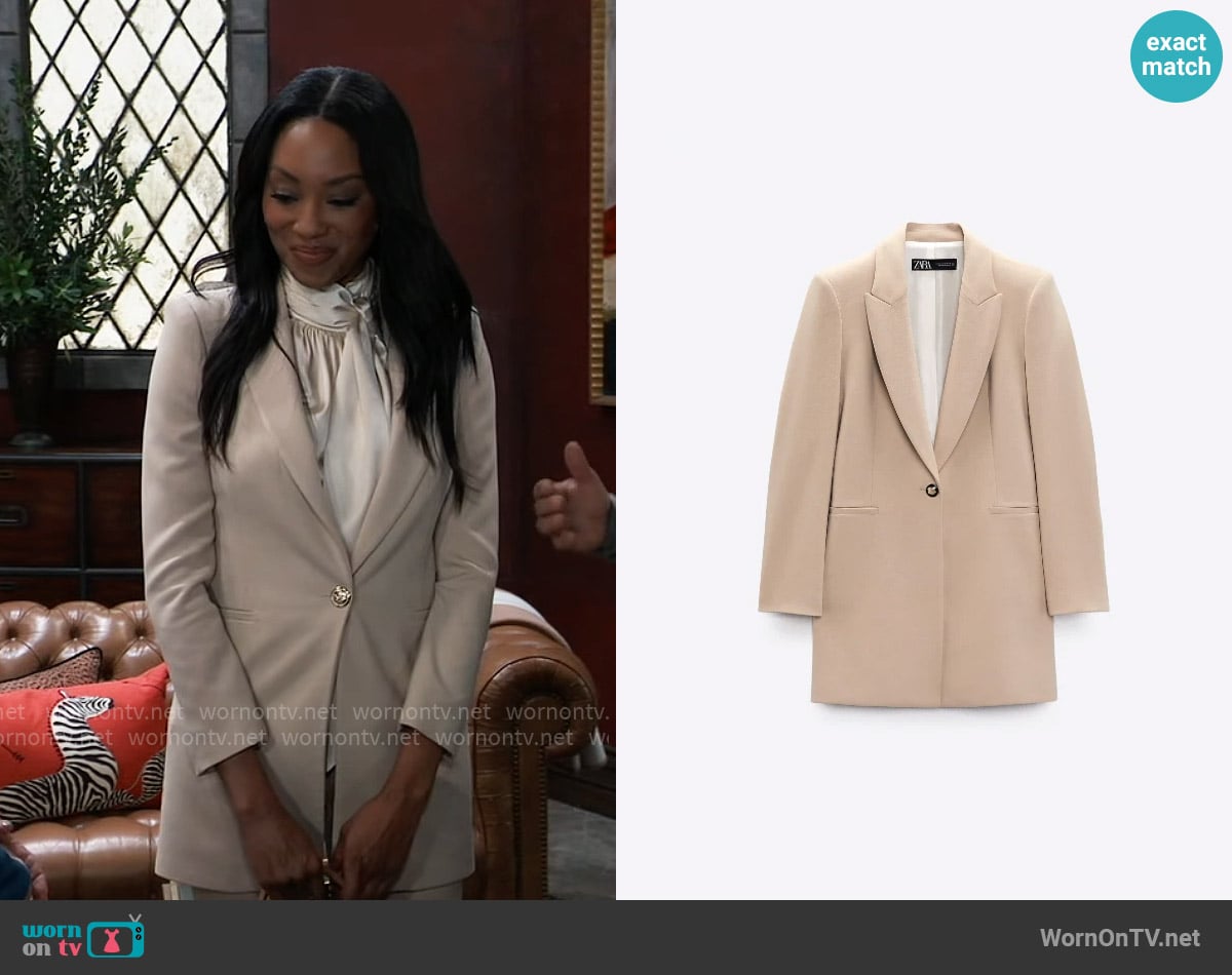 Zara Gold Button Long Blazer worn by Jordan Ashford (Tanisha Mariko Harper) on General Hospital