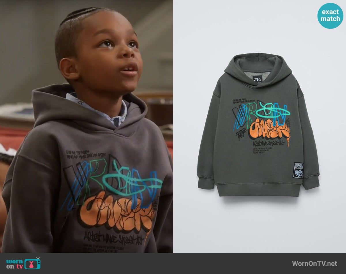 Zara Graffiti Print Hoodie worn by Trey (Caleb R. Johnson) on Poppas House