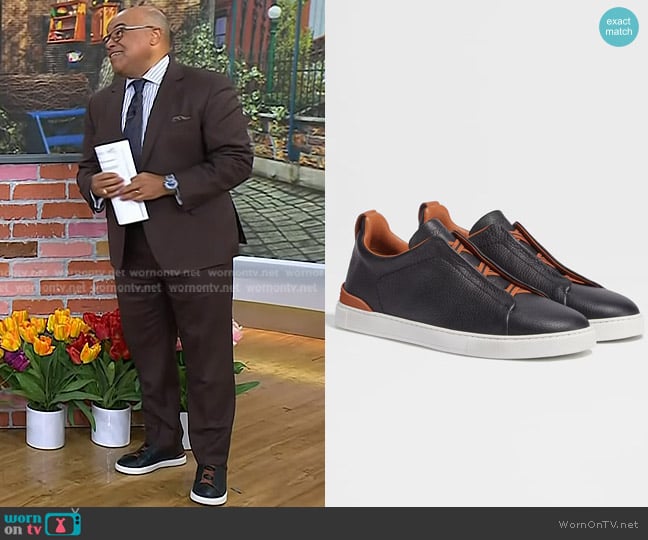 Zegna Black Deerskin Triple Stitch Sneakers worn by Mike Tirico on Today