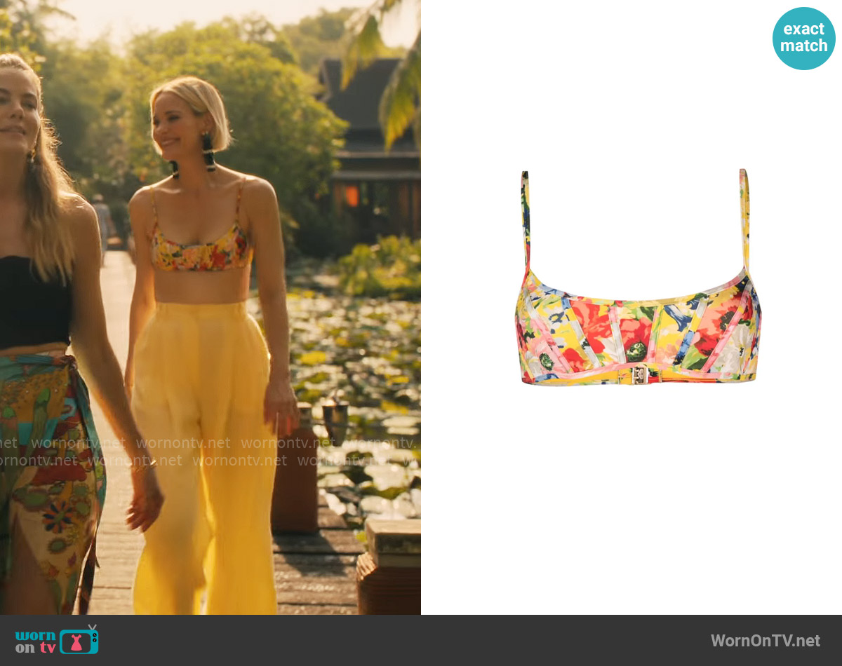 Zimmermann Alight floral-print bikini worn by Kate (Leslie Bibb) on The White Lotus