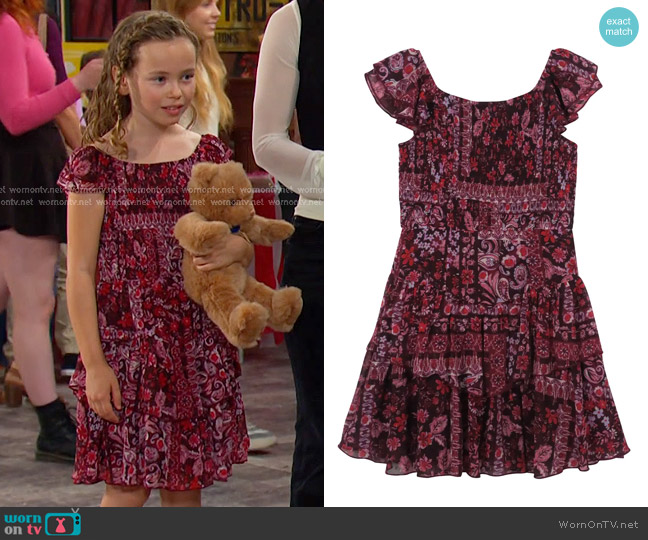 Zunie Kids' Ruffle Smocked Chiffon Dress in Burgundy worn by Rachel Black (Alice Halsey) on Days of our Lives