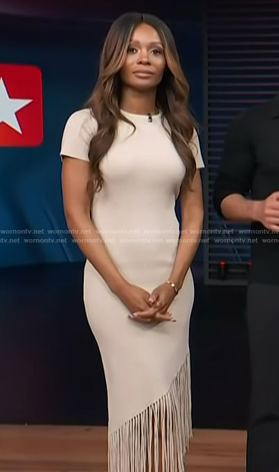 Zuri’s beige fringe dress on Access Hollywood