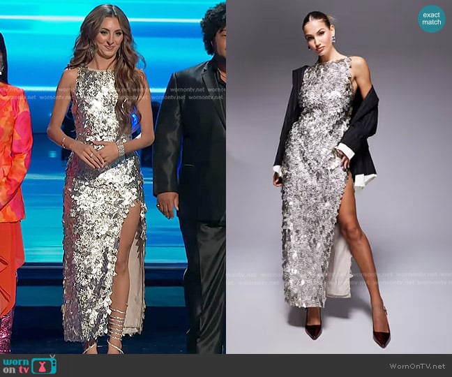 Asos Slash Neck Allover Embellished Maxi Dress with Thigh Split and Open Back in silver worn by Angie Rey on The Voice