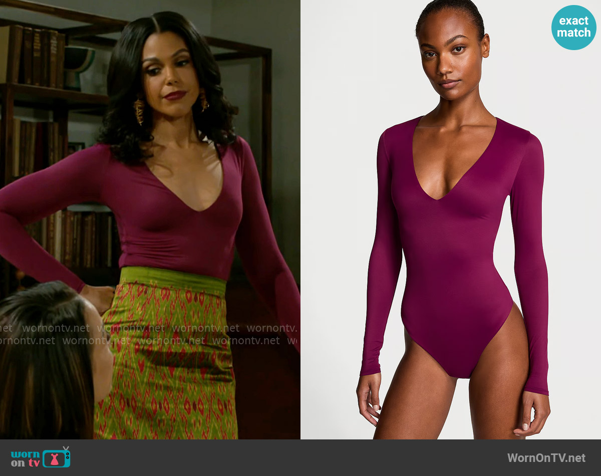 Victoria with FeatherSoft™ Innovation Long-Sleeve Bodysuit in Plum Rouge by Victorias Secret BODYWEAR worn by Dani Dupree (Karla Mosley) on Beyond the Gates