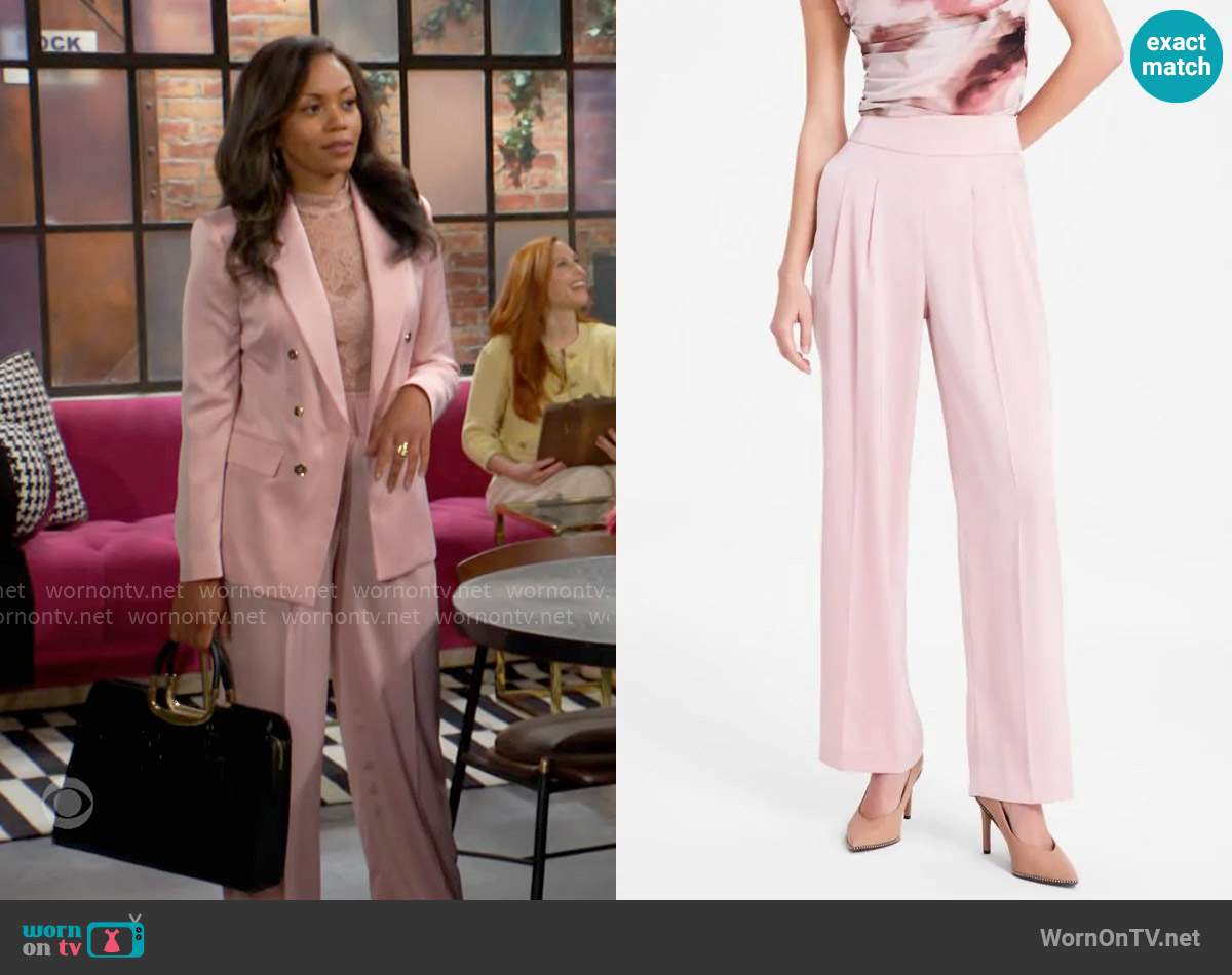 Bar III High-Rise Wide-Leg Satin Pants in Desert Rose worn by Amanda Sinclair (Mishael Morgan) on The Young and the Restless
