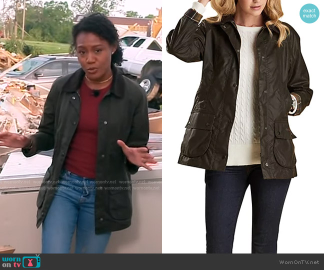 Barbour Classic Beadnell Waxed Cotton Jacket in Olive worn by Janai Norman on Good Morning America