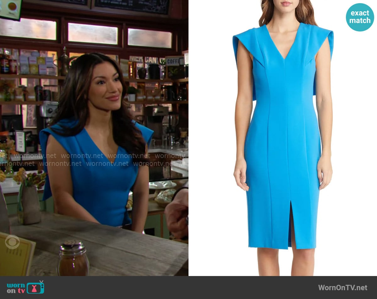 Black Halo Maxon Sheath Dress in Candy Blue worn by Audra Charles (Zuleyka Silver) on The Young and the Restless