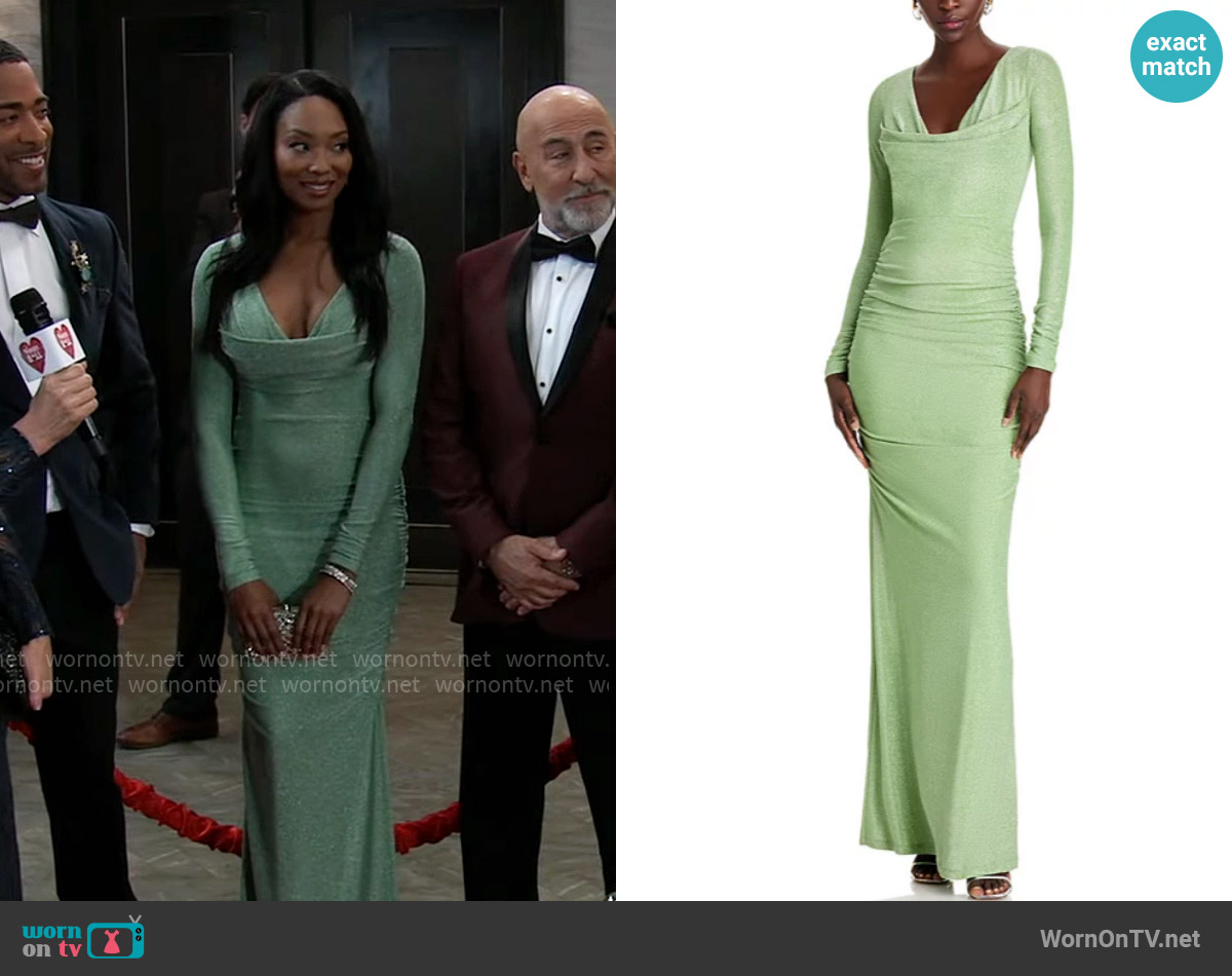Black Halo Rafaela Metallic Knit Maxi Dress in Pearidise worn by Jordan Ashford (Tanisha Mariko Harper) on General Hospital