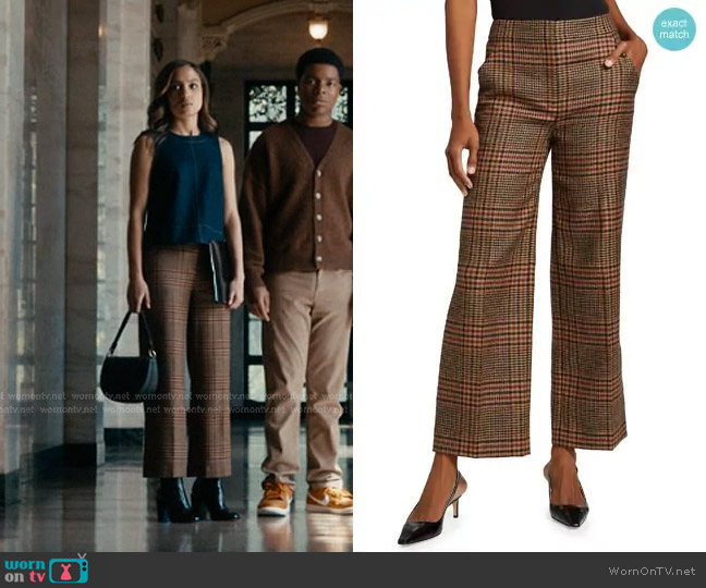 Veronica Beard Brixton Wool Plaid Pants in Camel Black worn by May Grant (Corinne Massiah) on 9-1-1