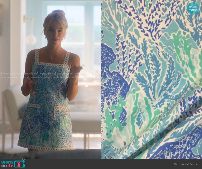 WornOnTV Simone’s blue print mini dress on Sirens Milly Alcock