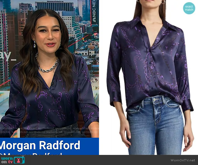 L'Agence Dani Silk Blouse in Midnight Purple Sketch Chain worn by Morgan Radford on NBC News Daily