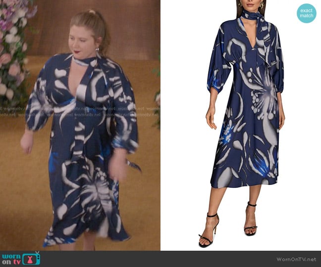 Donna Karan Satin Tie Neck Dress in Electric Blue Multi worn by Taryn Helm (Jaicy Elliot) on Greys Anatomy
