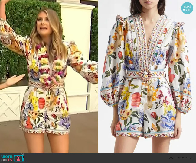 Farm Rio Greek Garden Long Sleeve Plunge Neck Cotton Romper worn by Lauren Herbert on Access Hollywood
