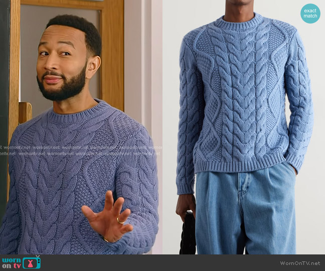 Gabriela Hearst Geoffrey Knit Sweater in Light Blue Denim Cashmere worn by John Legend on The Voice