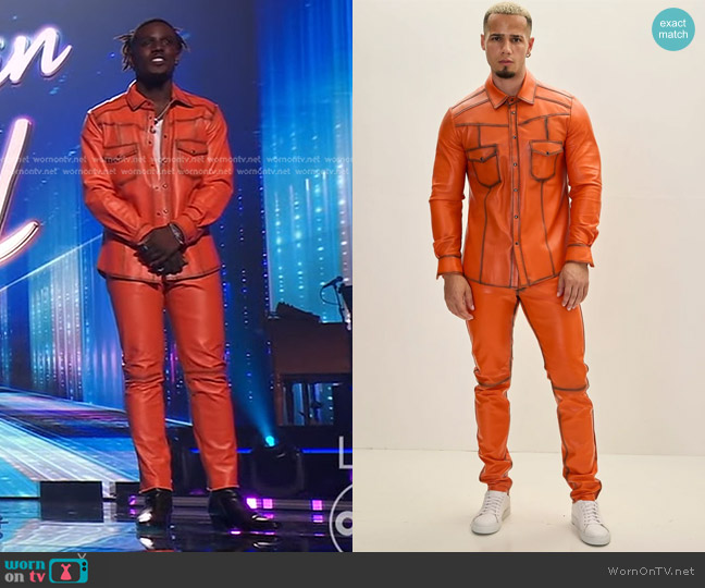 Ron Tomson Genuine Lambskin Leather Shirt in Orange Tint worn by Jamal Roberts on American Idol