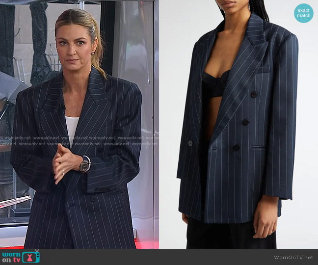 LaQuan Smith Pinstripe Double Breasted Oversize Boyfriend Blazer in Navy worn by Erin Andrews on Today