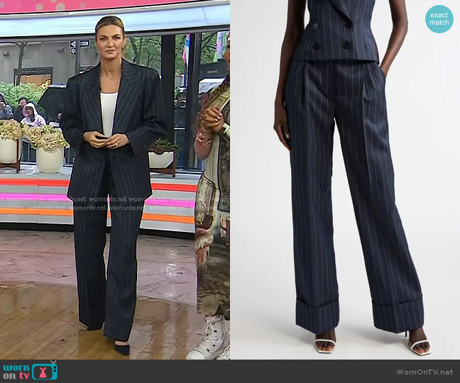 LaQuan Smith Pinstripe Pleated Wide Leg Trousers in Navy worn by Erin Andrews on Today