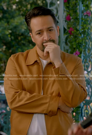 Lin-Manuel Miranda’s camel zip front jacket on American Idol
