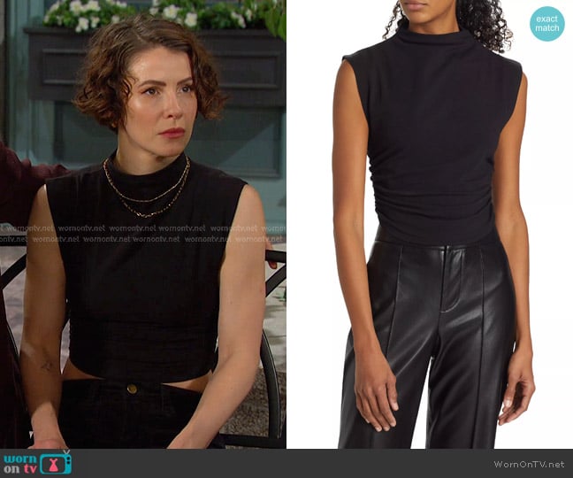 Reformation Lindy Ruched Crop Top in Black worn by Sarah Horton (Linsey Godfrey) on Days of our Lives