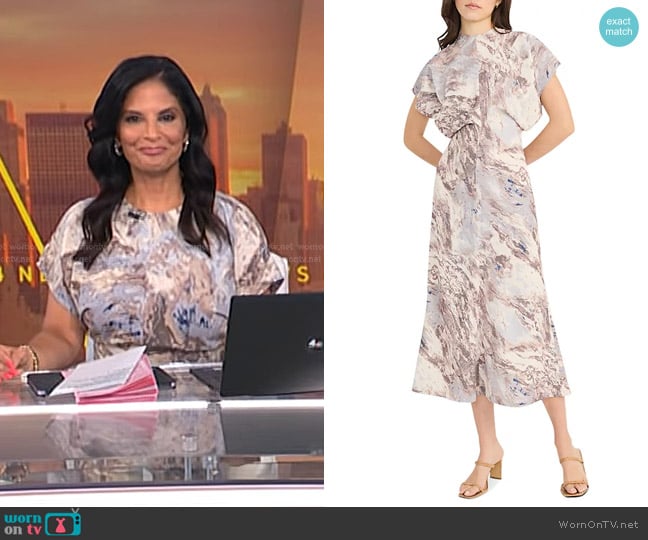 Luxely Printed Short Sleeve Gathered Midi Dress in Cream/tan worn by Darlene Rodriguez on Today