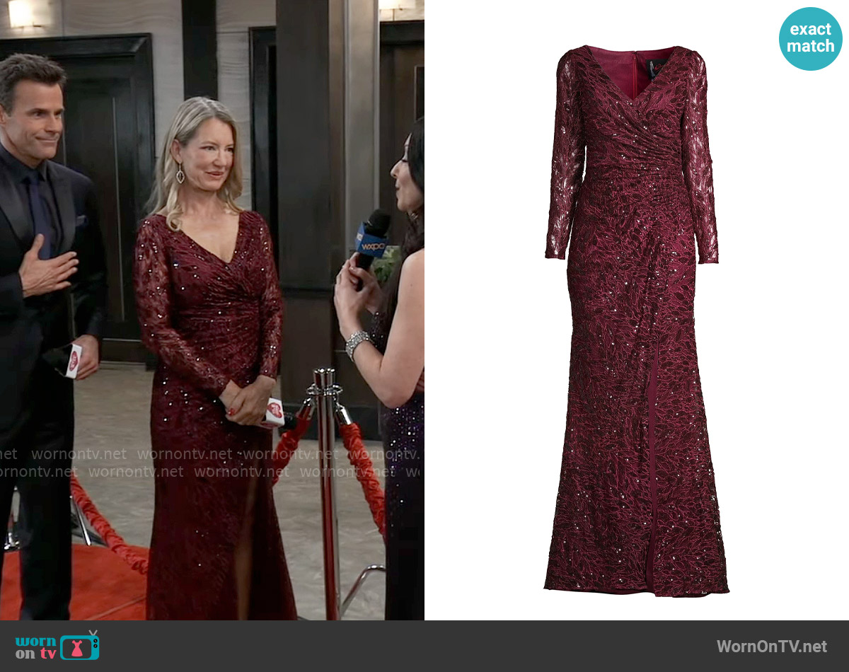 Mac Duggal Illusion Damask Embroidered Sequin Column Gown worn by Nina Reeves (Cynthia Watros) on General Hospital