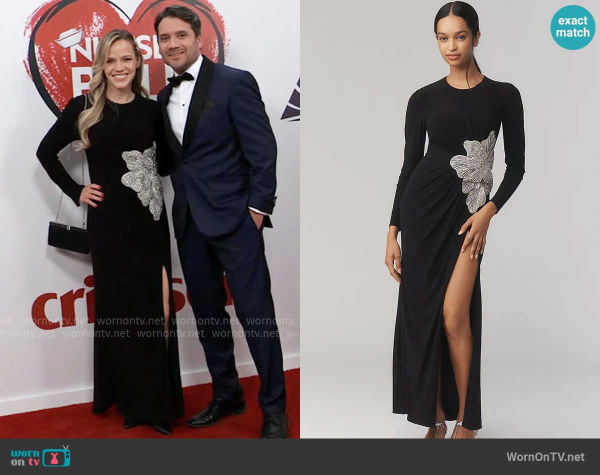 Mac Duggal Long-Sleeve Embellished Side-Slit Maxi Dress worn by Lulu Spencer (Alexa Havins Bruening) on General Hospital