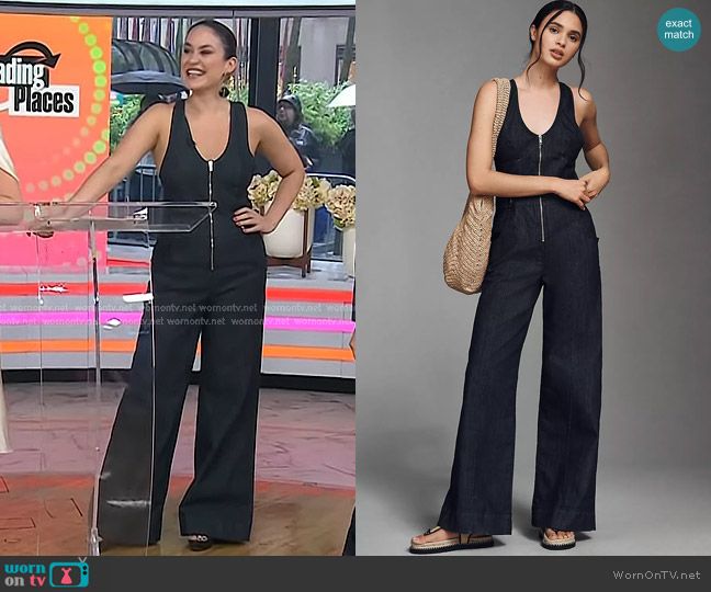 Maeve Sleeveless V-Neck Flare Denim Jumpsuit worn by Donna Farizan on Today